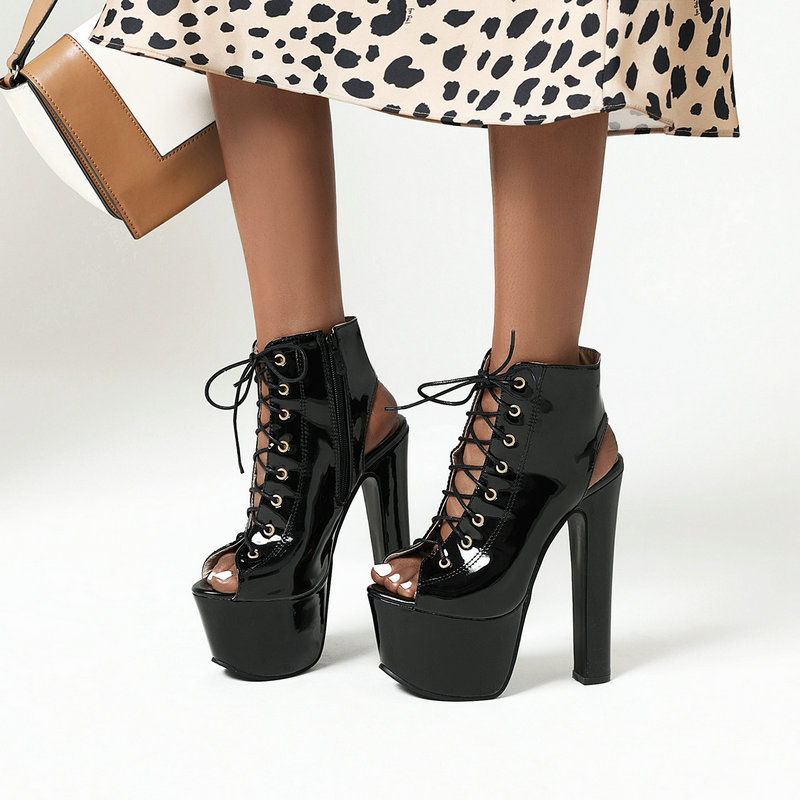 外贸大码外贸凉靴漆皮超高跟凉靴系带短筒靴鱼嘴鞋粗跟凉鞋女女鞋