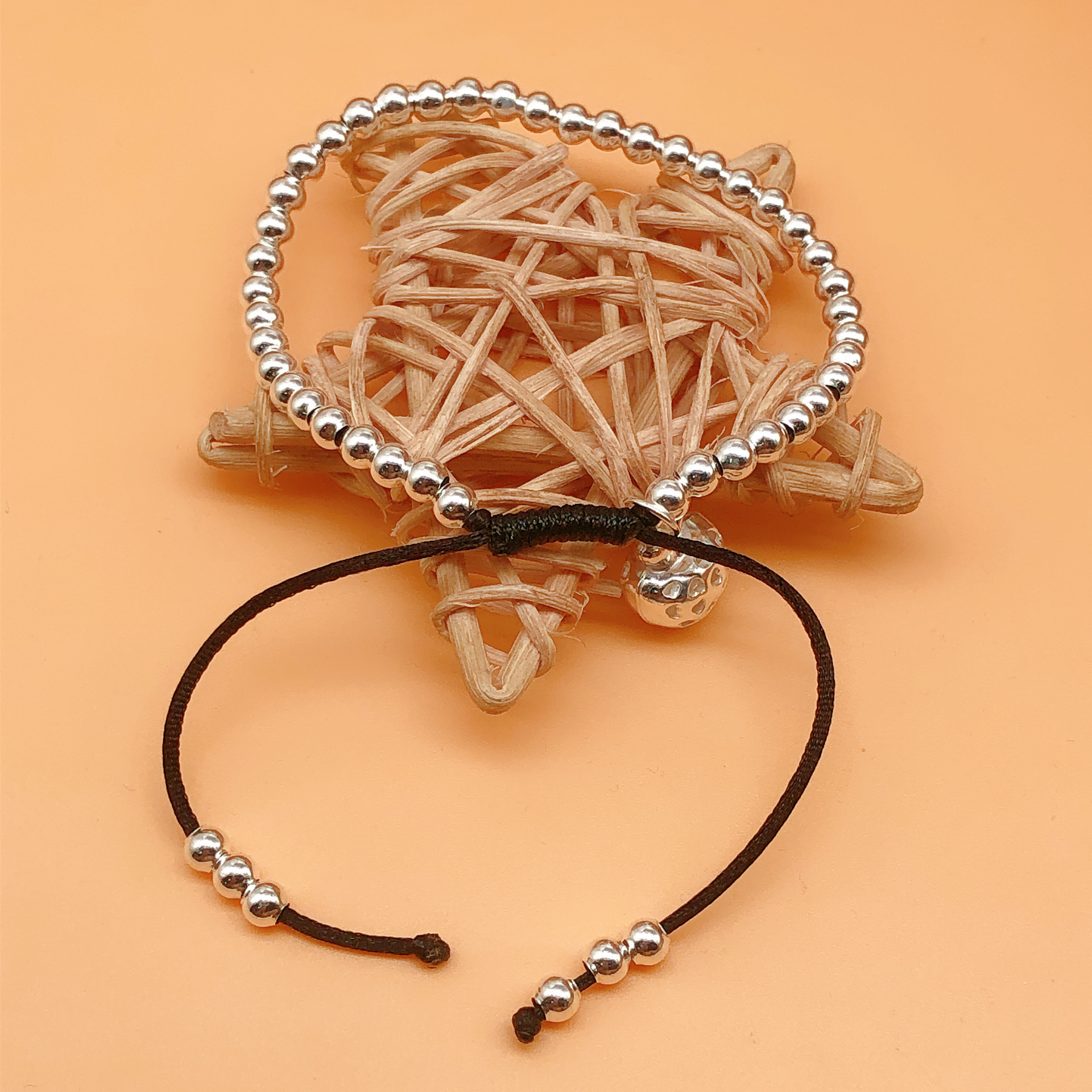 纯银手工编织全珠手链蜡绳纯珠毛衣链足银990银珠链中国风圆珠