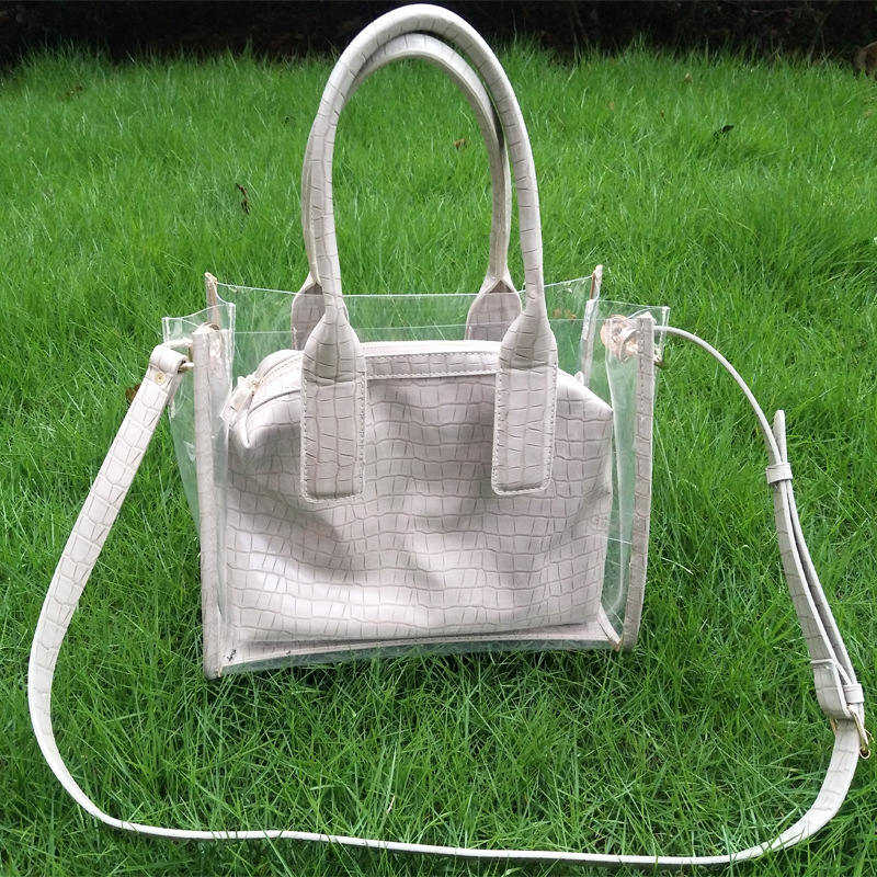 网红新款纯色透明tpu子母袋透明手袋带鳄鱼纹pu收纳包