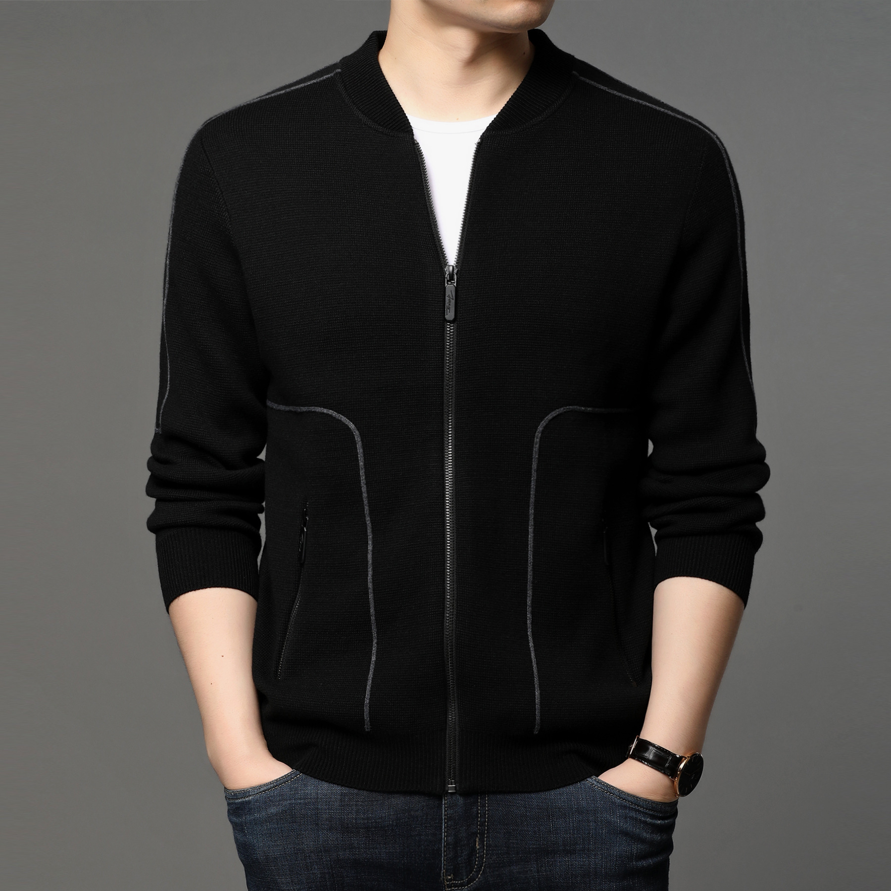 春秋季新款男士毛衣拉链夹克衫中青年棒球服男装针织羊毛开衫外套