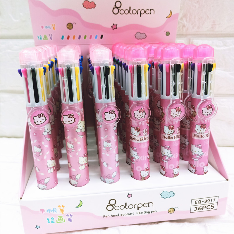韩版可爱叮当八色圆珠笔卡通猫咪多色按动手账笔学生8色中油笔奖