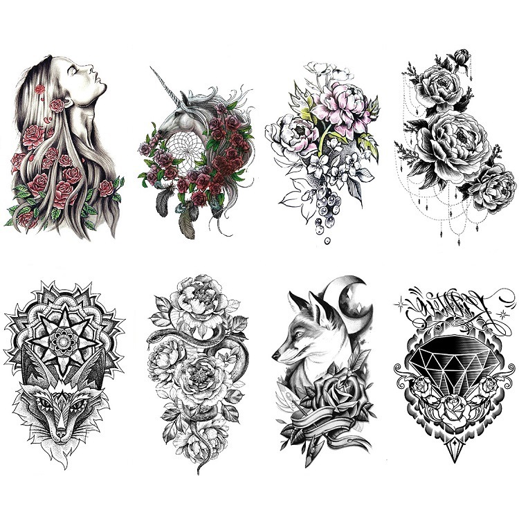 美女欧美风纹身贴tb s独角兽手绘素花图腾狐狸钻石水转印跨境贴纸