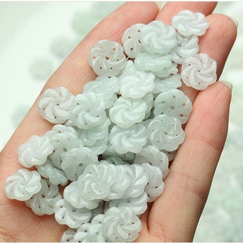 天然a货翡翠转运花玉石散珠镂空花朵diy手工饰品腰链手链配件散件
