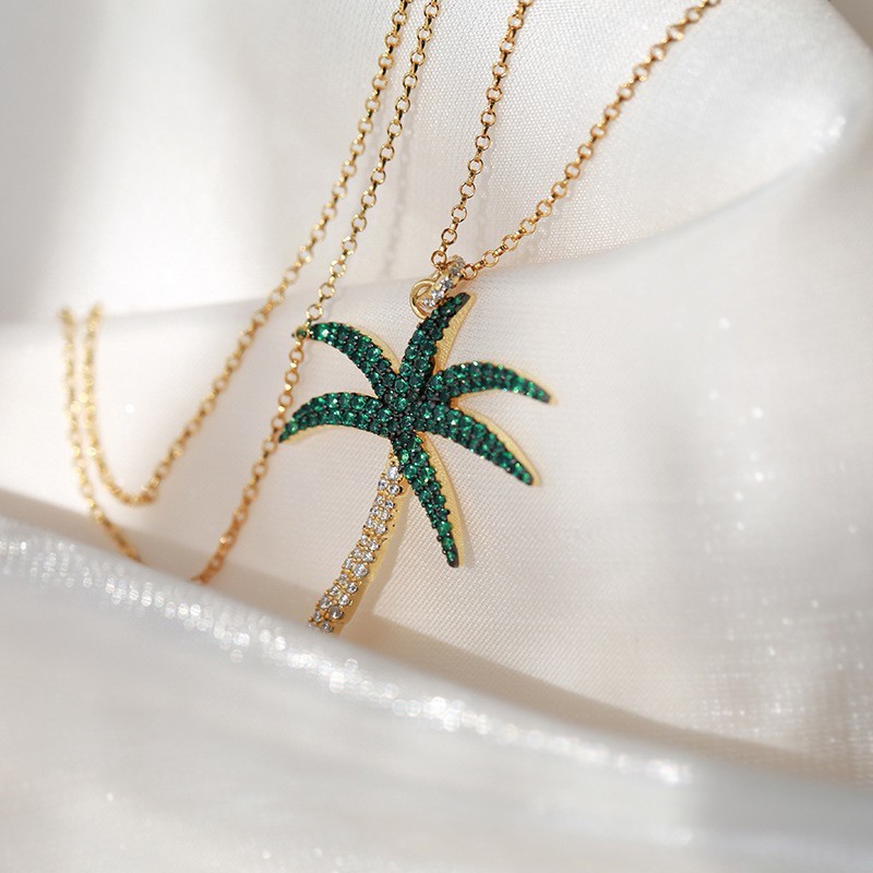 a家新欧美金黄色镶钻椰树项链女优雅闪烁锁骨链时尚潮梧桐树吊坠