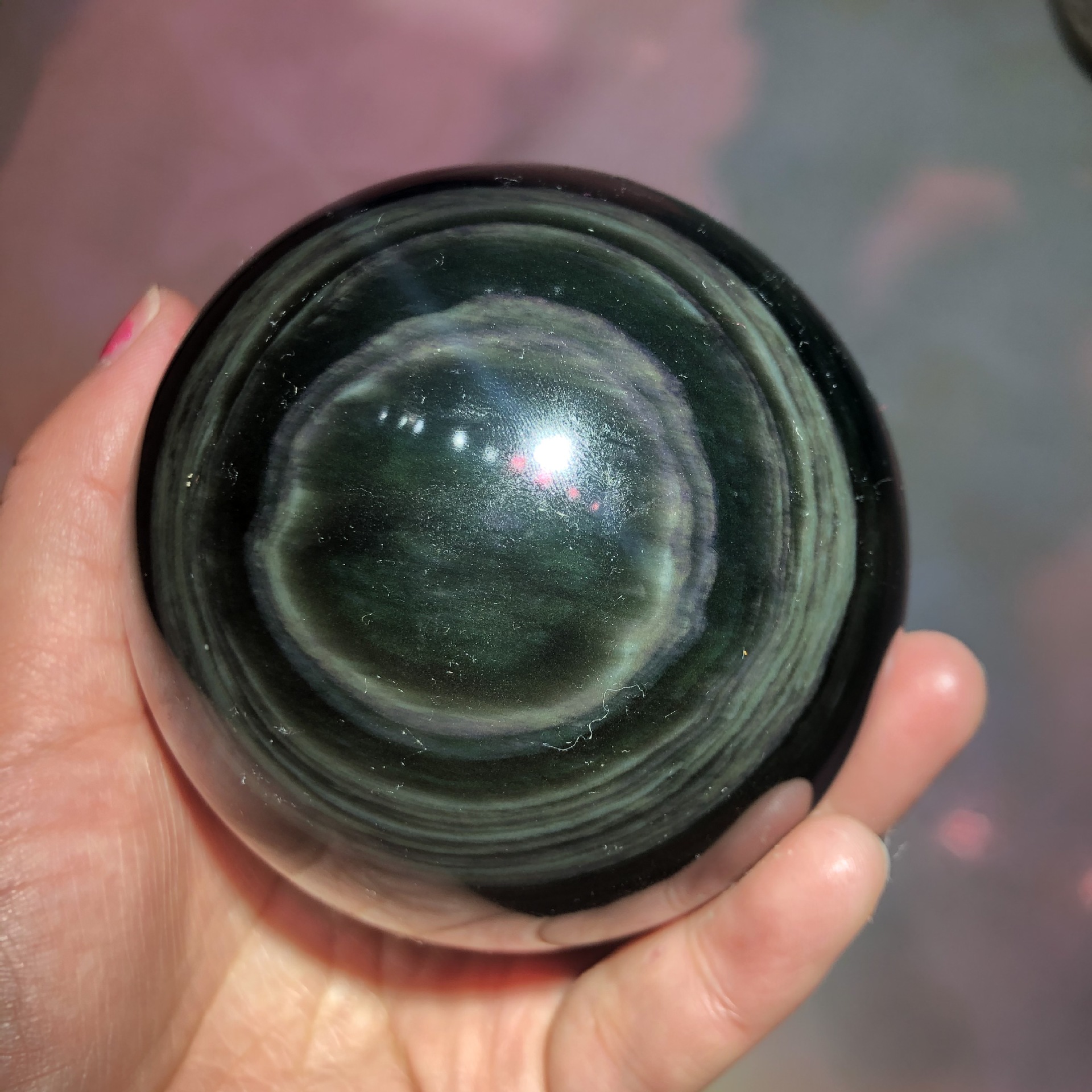 黑曜石彩虹眼球冰种双彩眼球黑水晶球彩眼球风水摆件彩曜石球