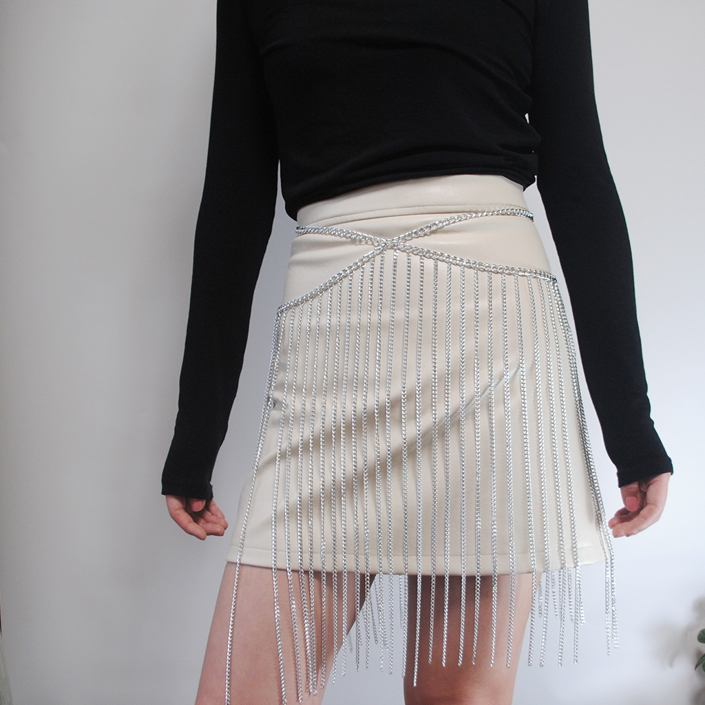 2019欧美跨境货源亚马逊夏季新品金属拼接铁链流苏半身裙