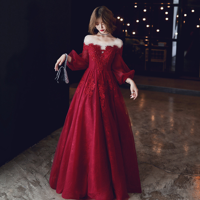 敬酒服酒红色女新娘长款结婚气质一字肩订婚宴会晚礼服裙平时可穿