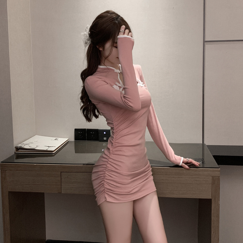 5177062夜店性感立领盘扣镂空低胸修身包臀裙打底短裙长袖连衣裙