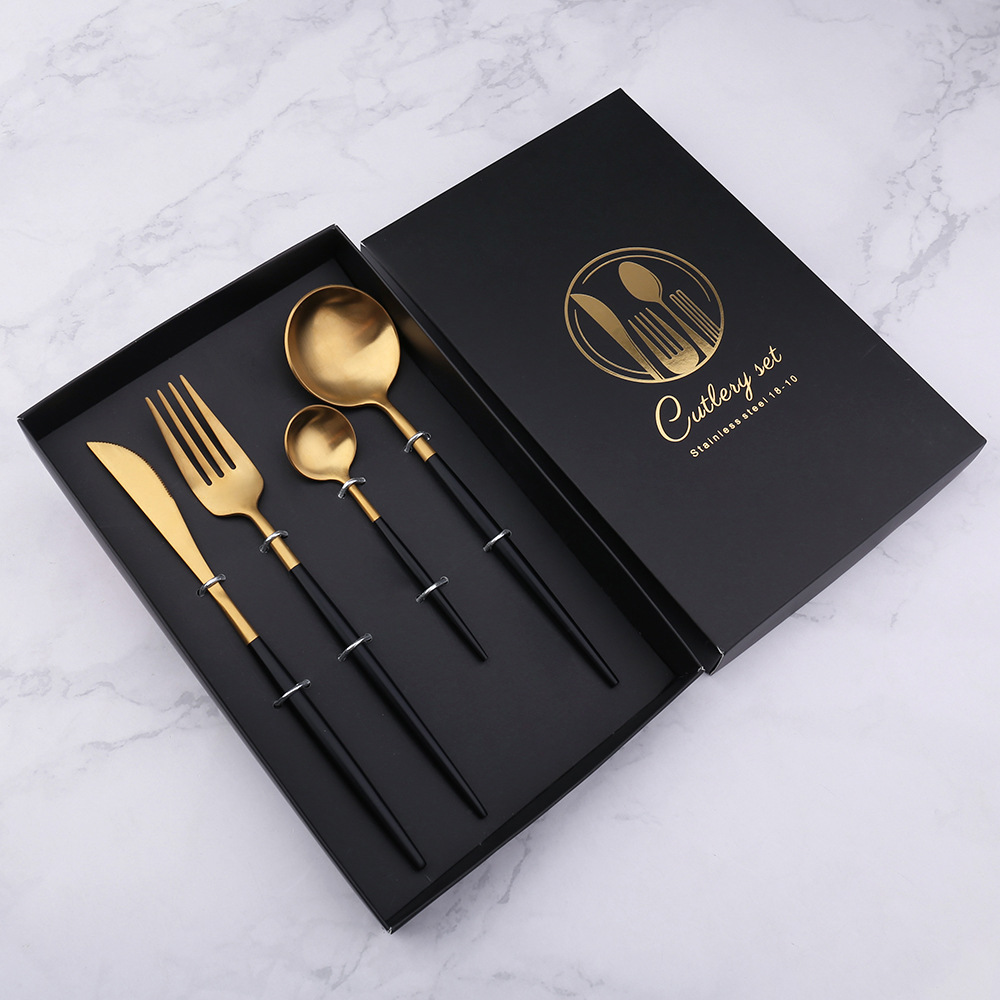 l 304不锈钢刀叉勺四件套 黑金祖母绿金葡萄牙牛排刀叉镀金礼盒装