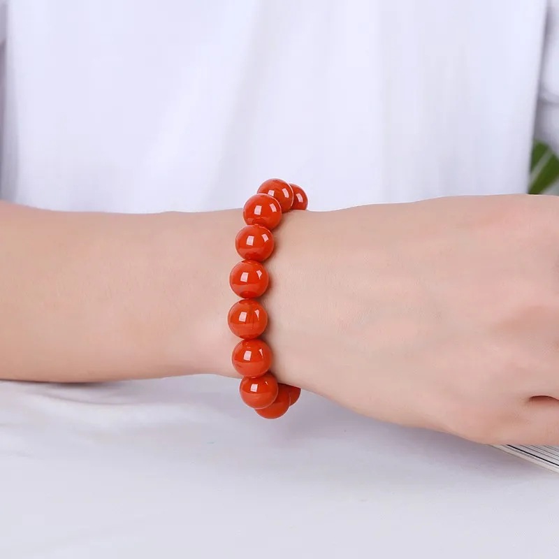 凉山南红玛瑙佛珠手链火焰红满色多肉圆珠单圈手串