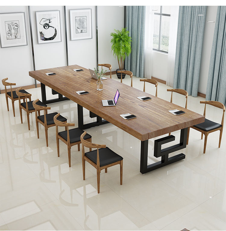 美式图书馆阅览室长条书桌职员铁艺办公桌椅办公室大型实木会议桌