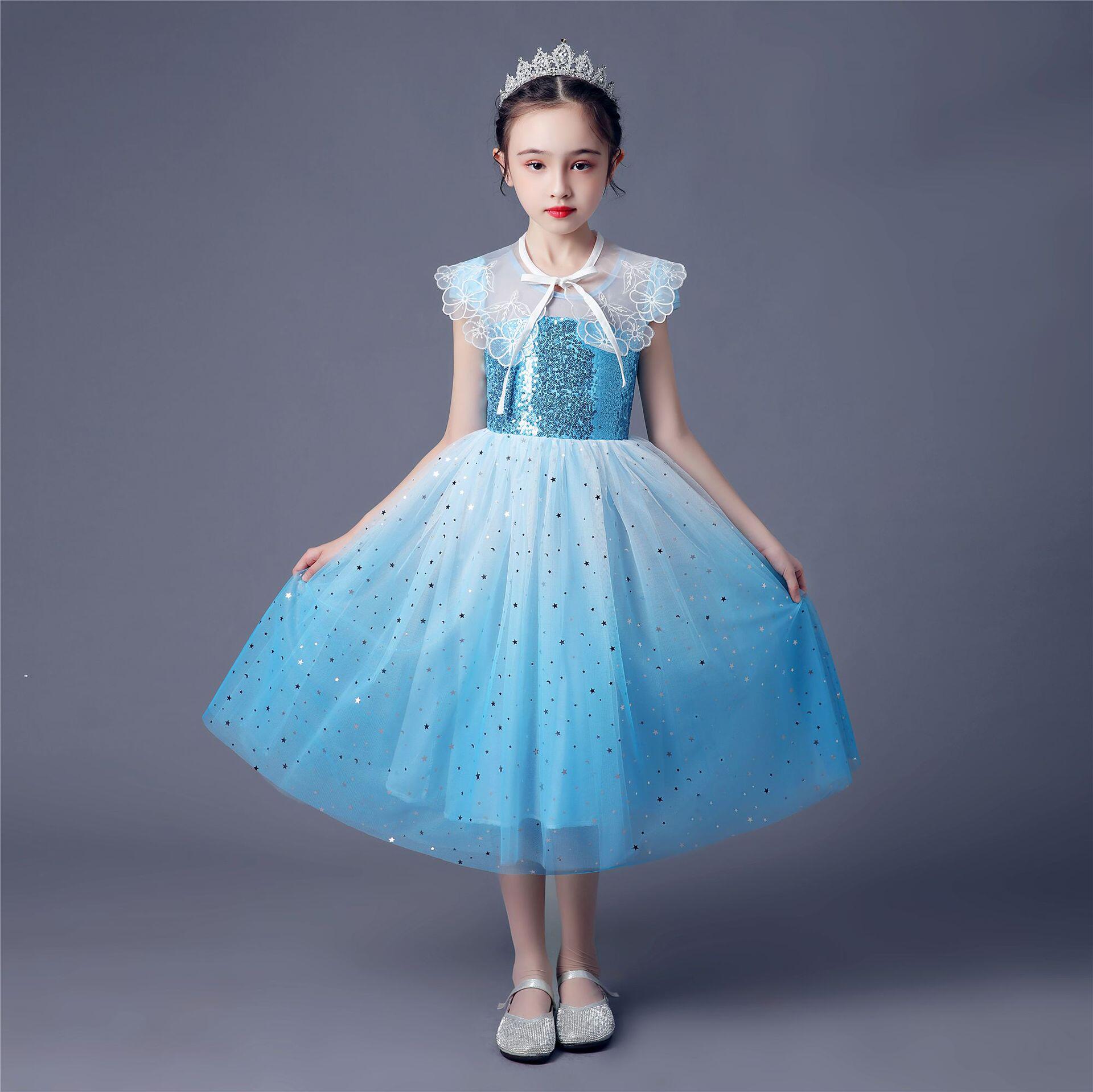爱莎公主裙冰雪2艾莎公主连衣裙女童短袖小女孩六一演出裙子