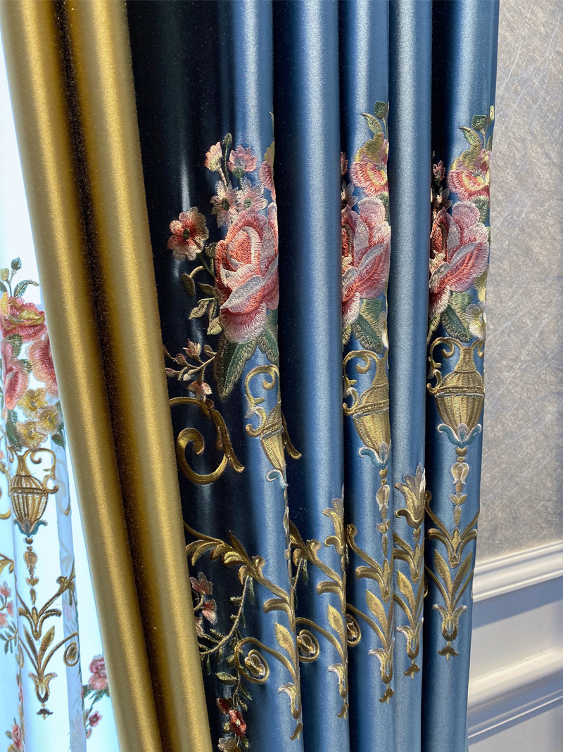 馨花 高品质欧式轻奢仿真丝绣花窗帘北欧奢华窗帘布成品定制