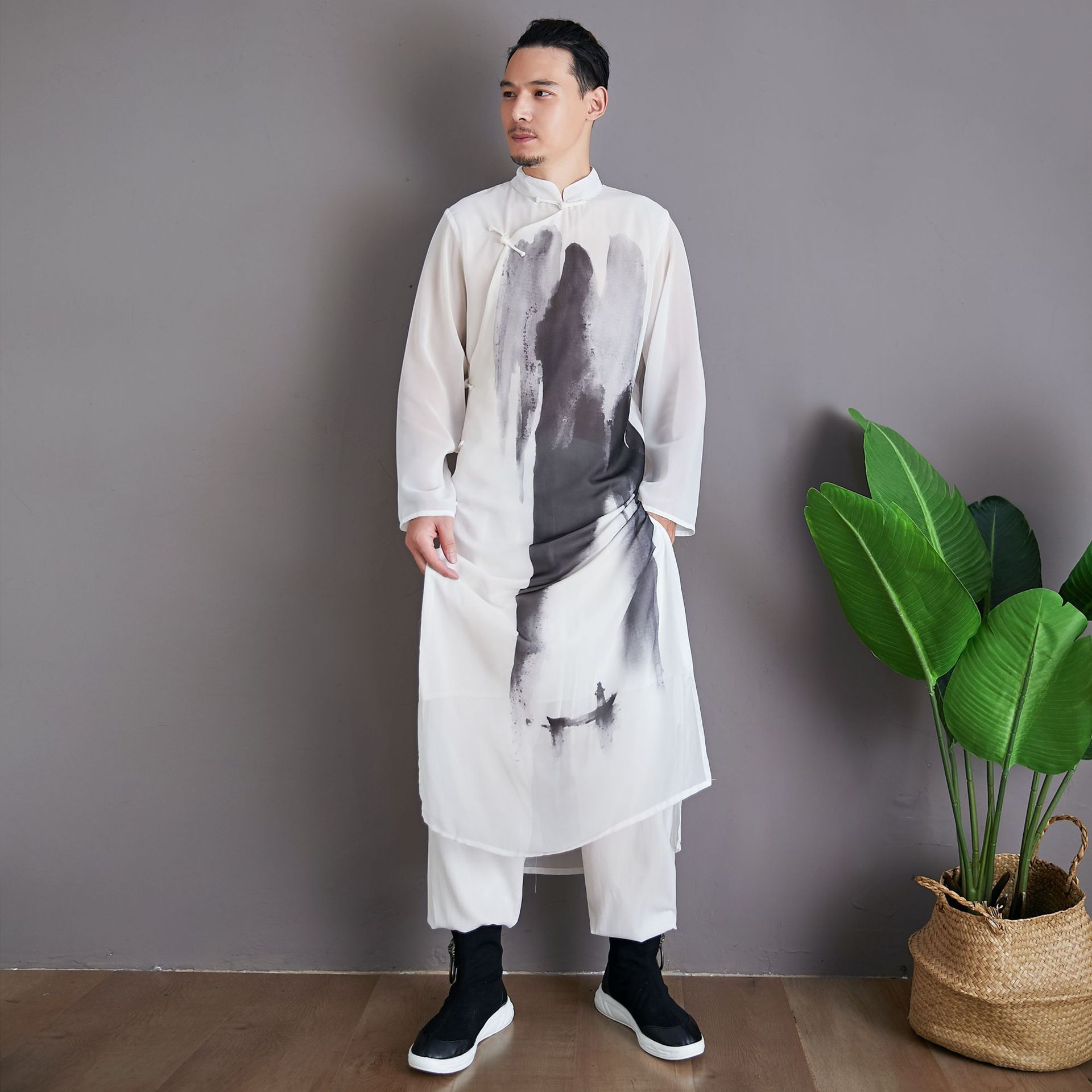 麻凡复古雪纺衫飘带山水中国风立领斜襟复古盘扣中长款长袍长衫