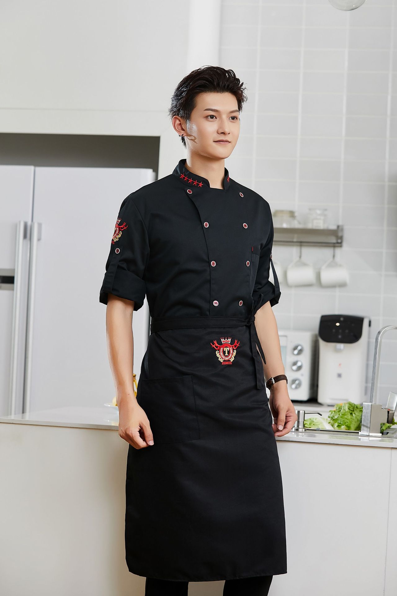 围裙厨师围裙半截餐饮厨房厨师后厨大厨围腰工作服半身男女黑色