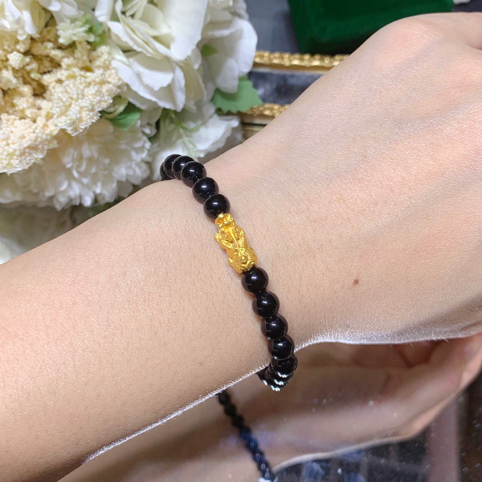 999足金转运珠黄金貔貅手串男女款3d硬金珠纯金情侣招财皮丘手链