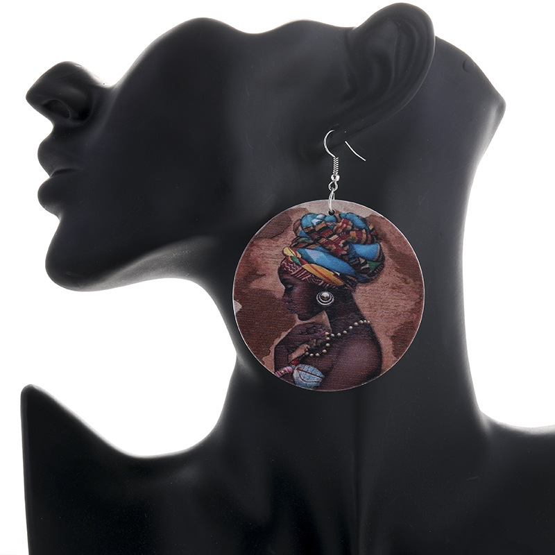 欧美复古木质圆片耳环 木头彩绘非洲人头气质个性潮夸张耳环耳饰
