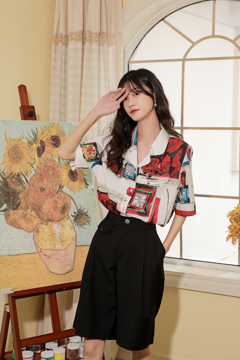 港风花衬衫女复古港味宽松巴洛克法式上衣夏短袖衬衣女设计感小众