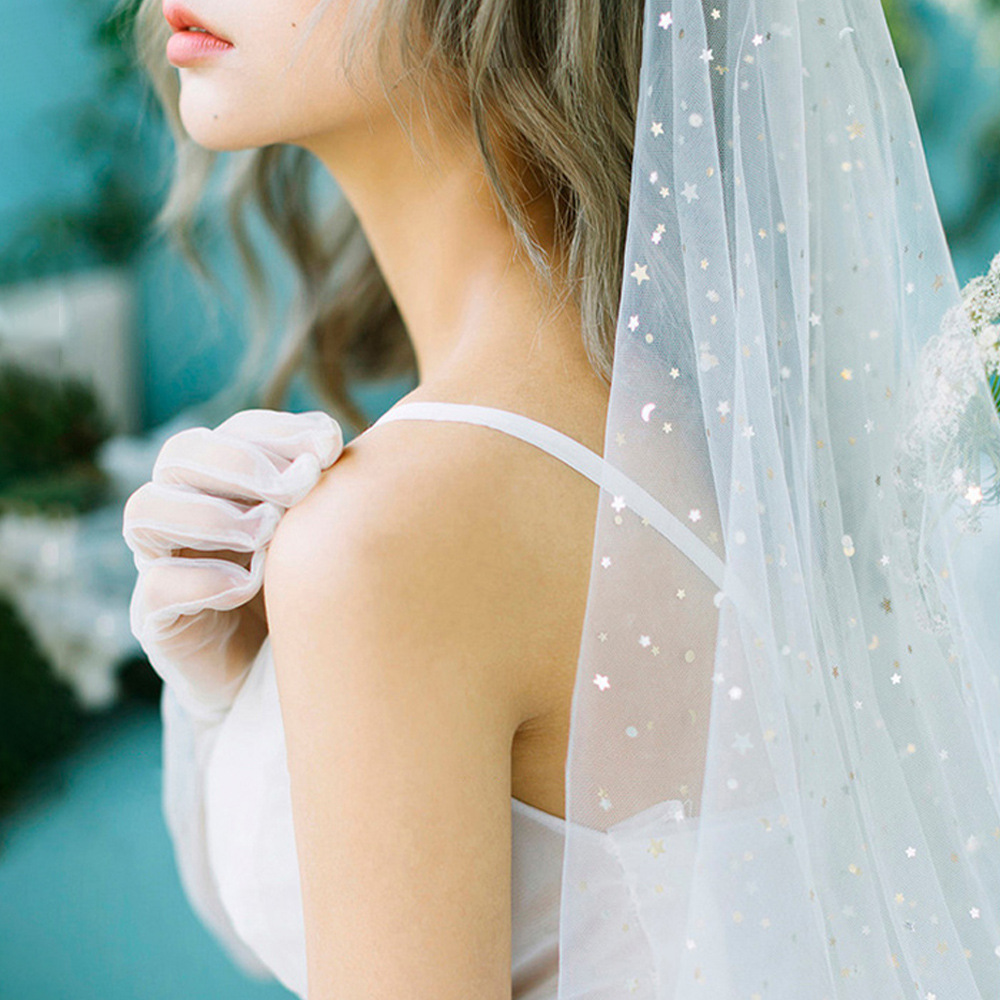 欧美白色短款闪亮星星优雅时尚唯美新娘双层式头纱软纱带发梳黑色