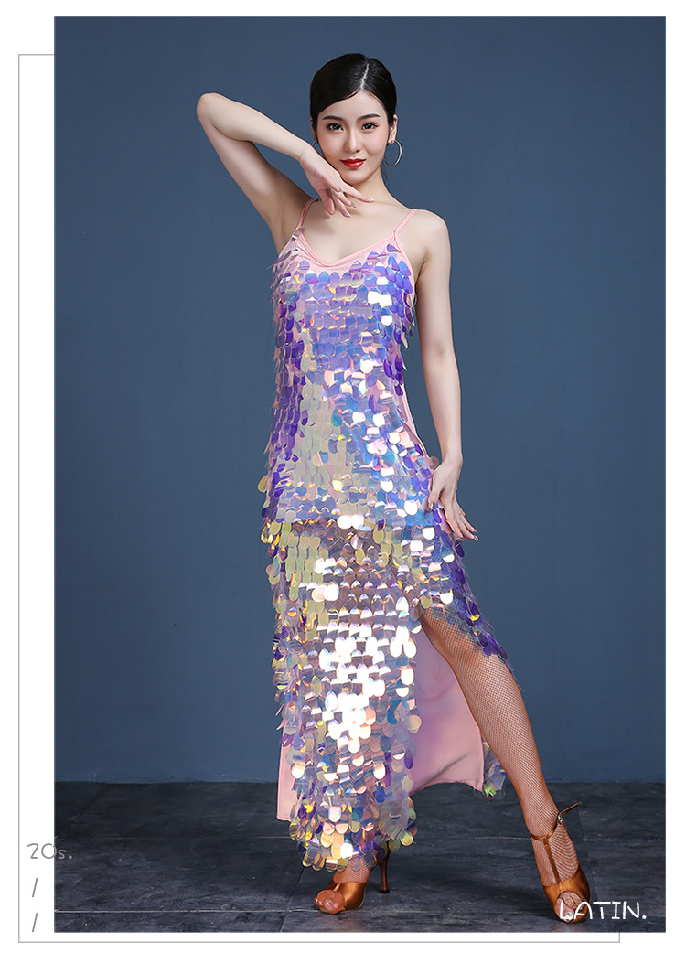 修身亮片吊带连衣裙套装 华丽拉丁舞演出服 性感优雅拉丁舞服装