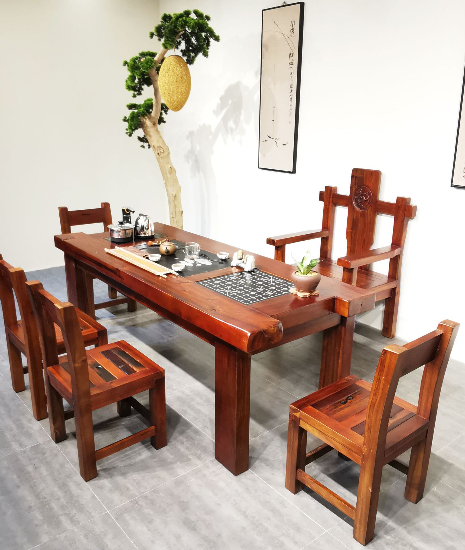 定制老船木茶桌实木茶台套装办公室会客室书房阳台新中式泡茶桌