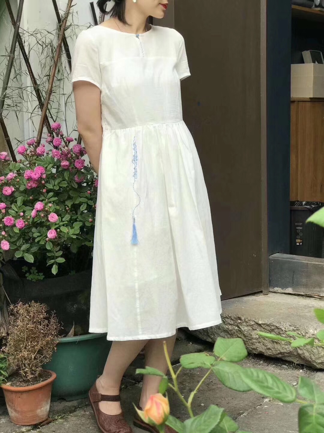 瓷语中式女装 舒适透气刺绣收腰连衣裙6720