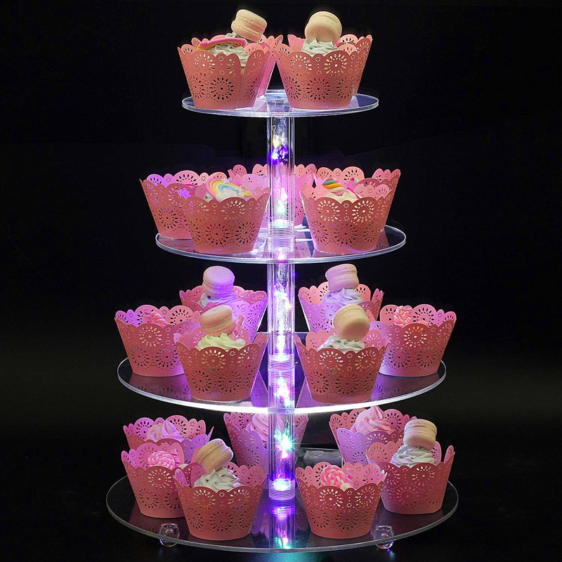 定制透明亚克力4层蛋糕架led圆形甜点展示架婚礼生日派对糕点树塔