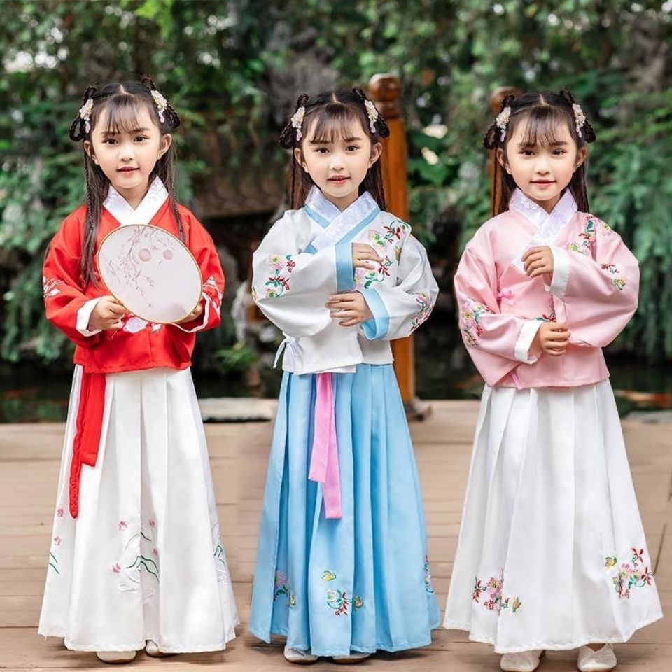 汉服女童襦裙仙女裙原创学生日常刺绣套装4-15岁古风交领明制袄裙