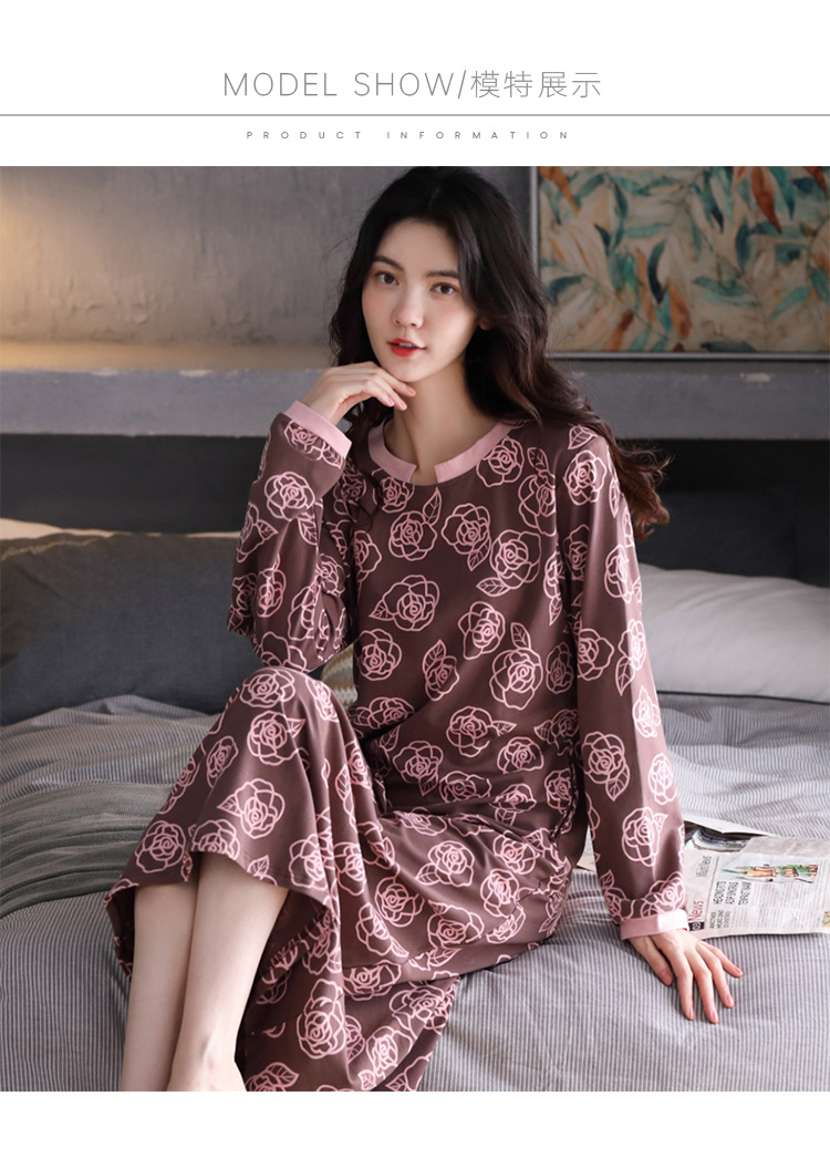 长袖全棉睡裙纯棉印花圆领妈妈款中裙女士睡衣玫瑰印花中老年睡裙