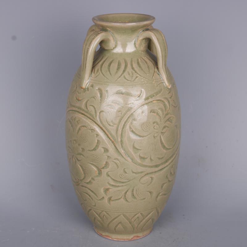 宋耀州窑刻花四系罐手工仿古复古家居装饰瓷器摆件老古董古玩收藏