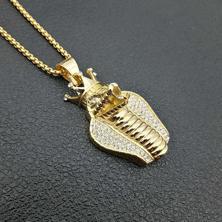 钛钢镀金古埃及皇冠眼镜蛇简约项链 钛钢镶嵌项坠/吊坠