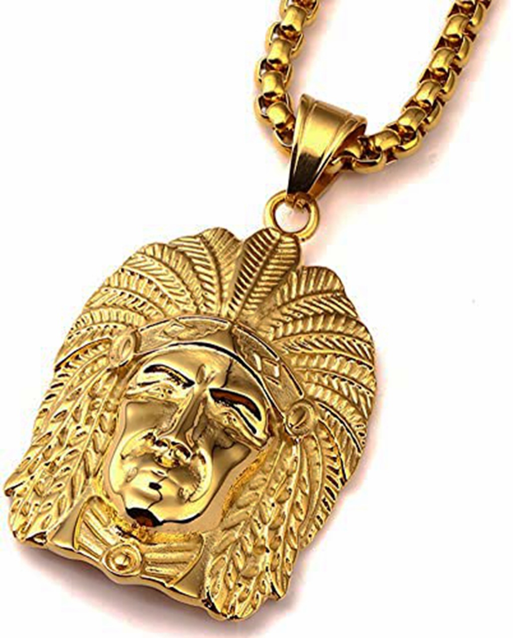 亚马逊跨境热销欧美流行嘻哈不锈钢镀金印第安人吊坠