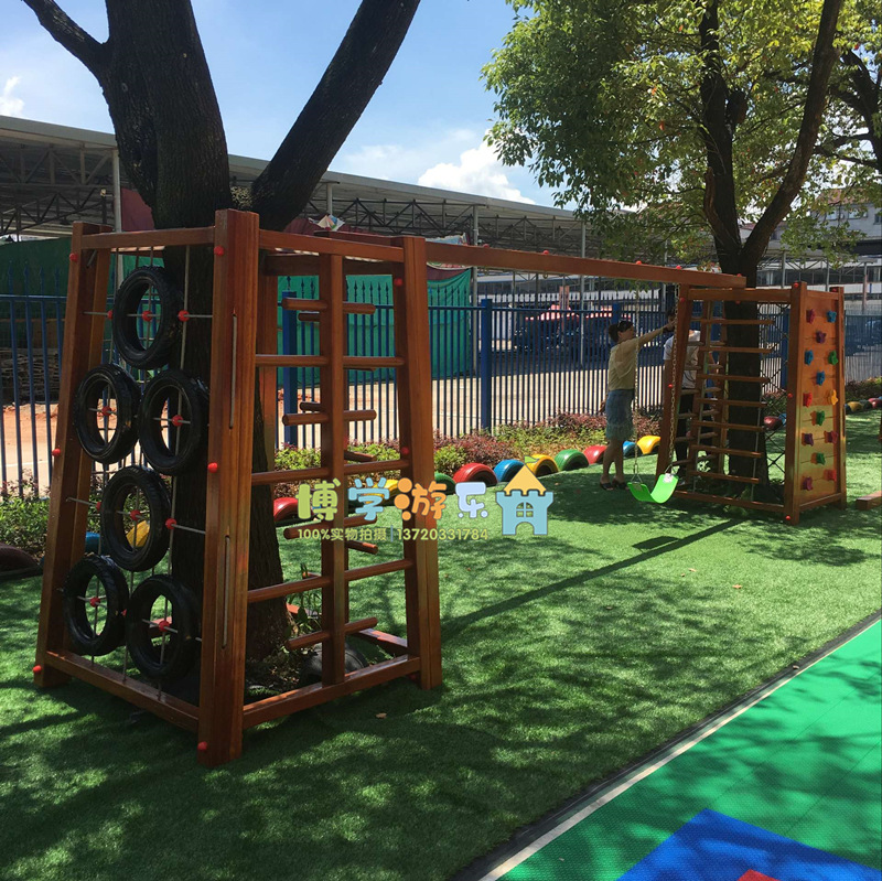 幼儿园木质攀爬架树围攀爬滑梯爬网感统训练室外户外玩具组合设施