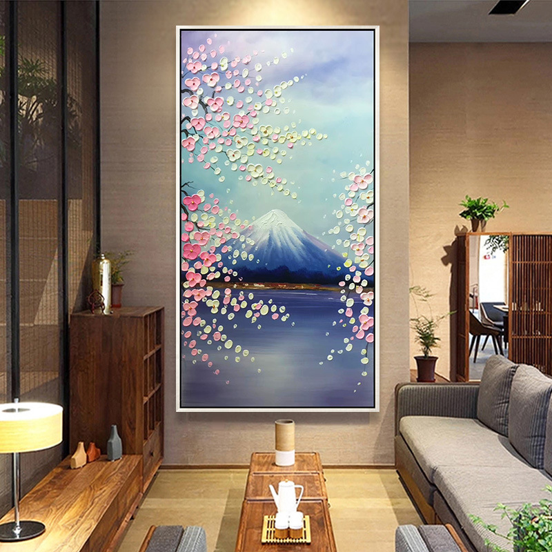 手绘日式樱花富士山手绘风景油画玄关客厅装饰画竖版走廊挂画壁画