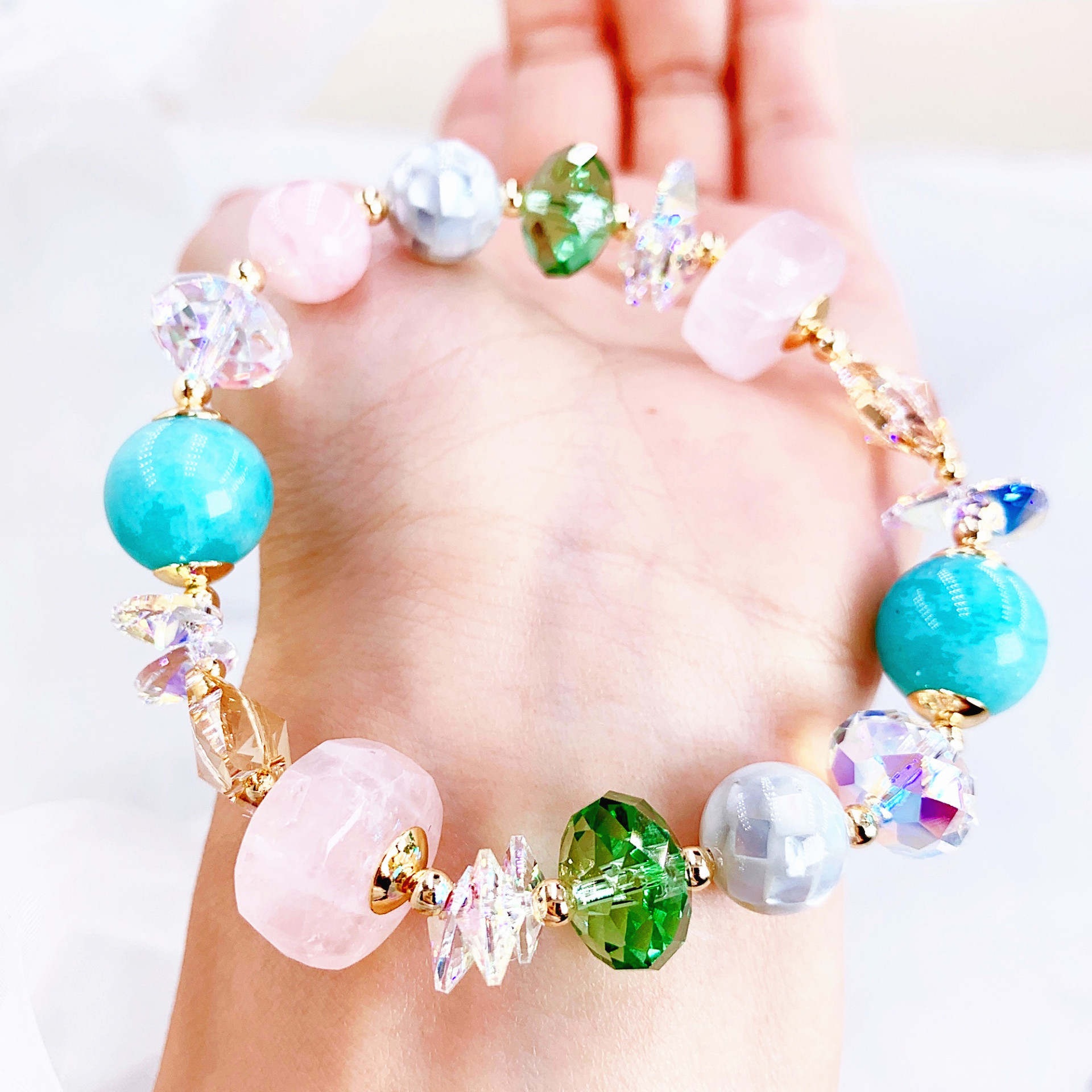 diy天然粉晶天河石鲍鱼贝奥地利水晶手链手串直播实体店货源