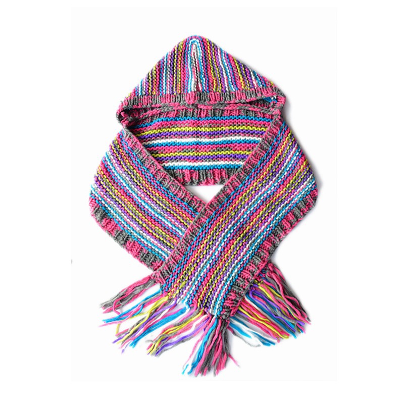 手工编织加厚大围巾 段染羊毛带帽流苏大披肩 精美彩色连帽大围巾