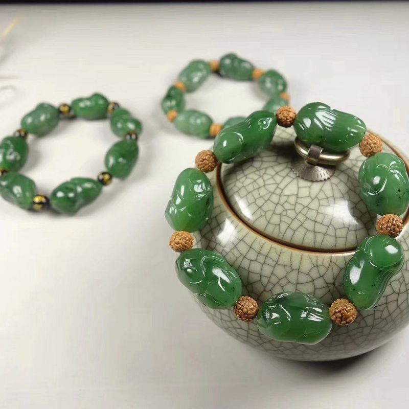 温润斋天然和田玉俄料碧玉玉石呱呱来财手链玉器青蛙手串送证书