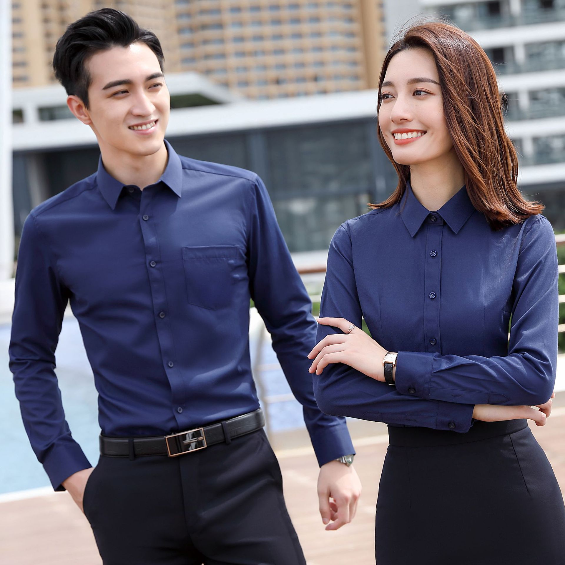 韩版修身 免烫抗皱 商务衬衣定制绣logo正装男女同款白色长袖衬衫