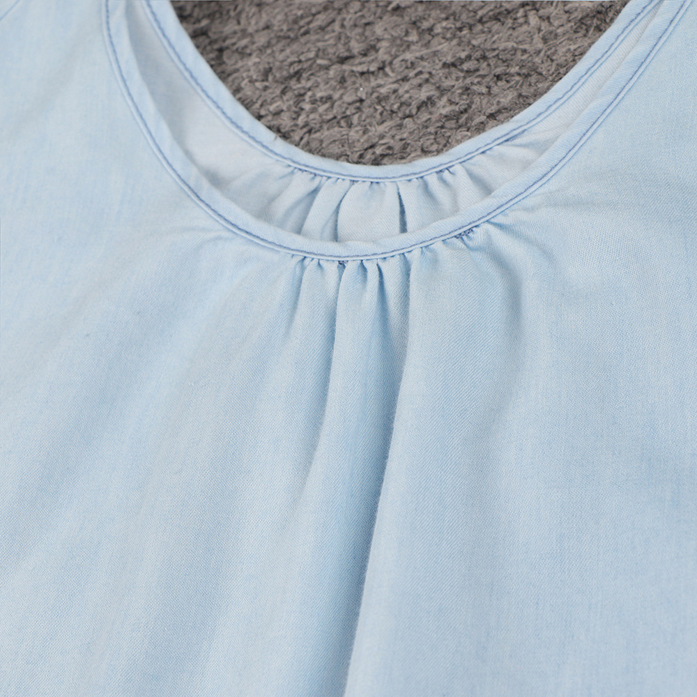 厂家直销 跨境女装加大加肥纯色大v领宽短袖袖褶皱拼接牛仔连衣裙