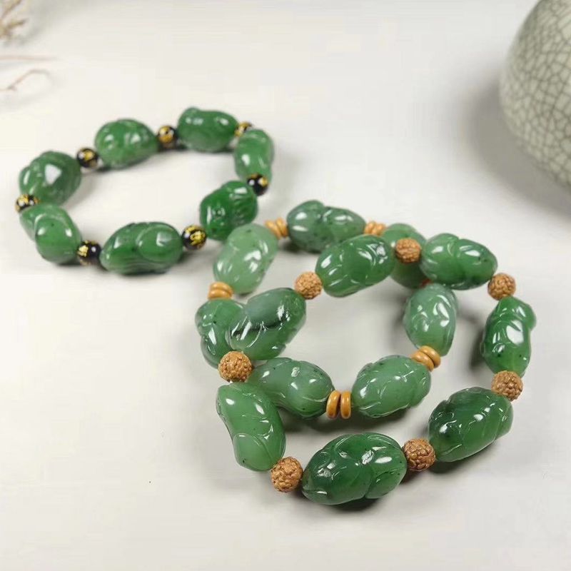 温润斋天然和田玉俄料碧玉玉石呱呱来财手链玉器青蛙手串送证书