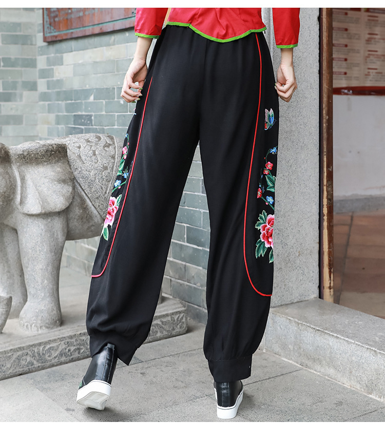 民族风大码棉麻绣花盘扣灯笼裤哈伦阔腿高腰休闲女长裤