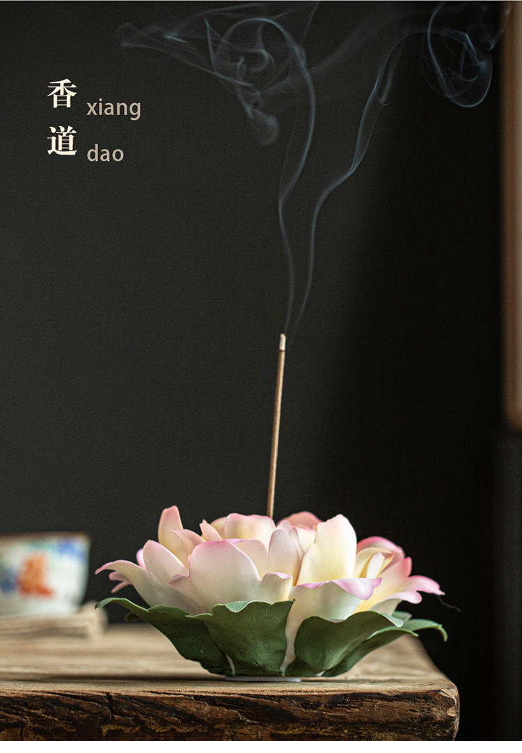 禅意陶瓷香插线香座家用莲花香托香盘手工牡丹香薰炉中式茶道摆件