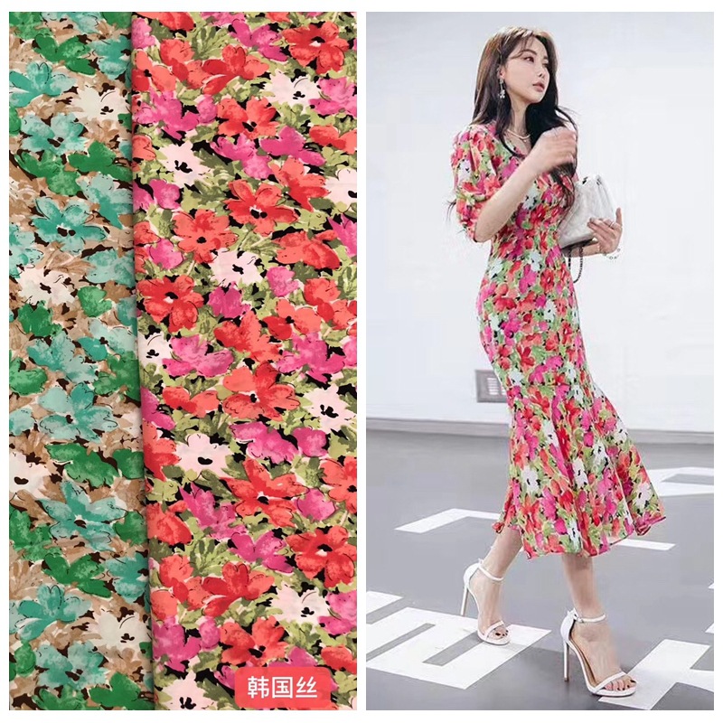 2020夏季不透雪纺布料碎花 绿红蓝小花朵爆款衣裙服装面料韩国丝