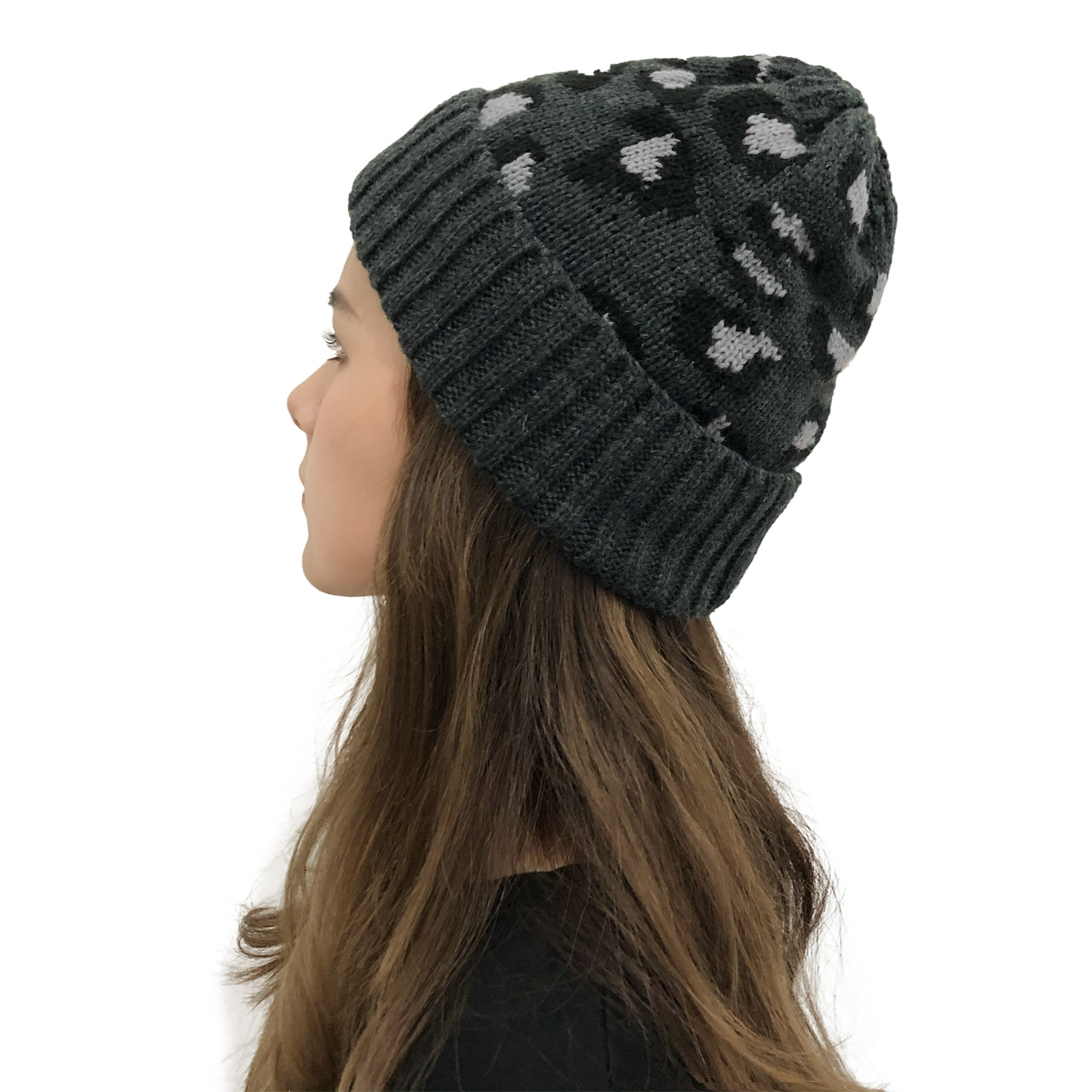 2020秋冬新款帽子女速卖跨境豹纹提花针织帽封顶保暖毛线帽