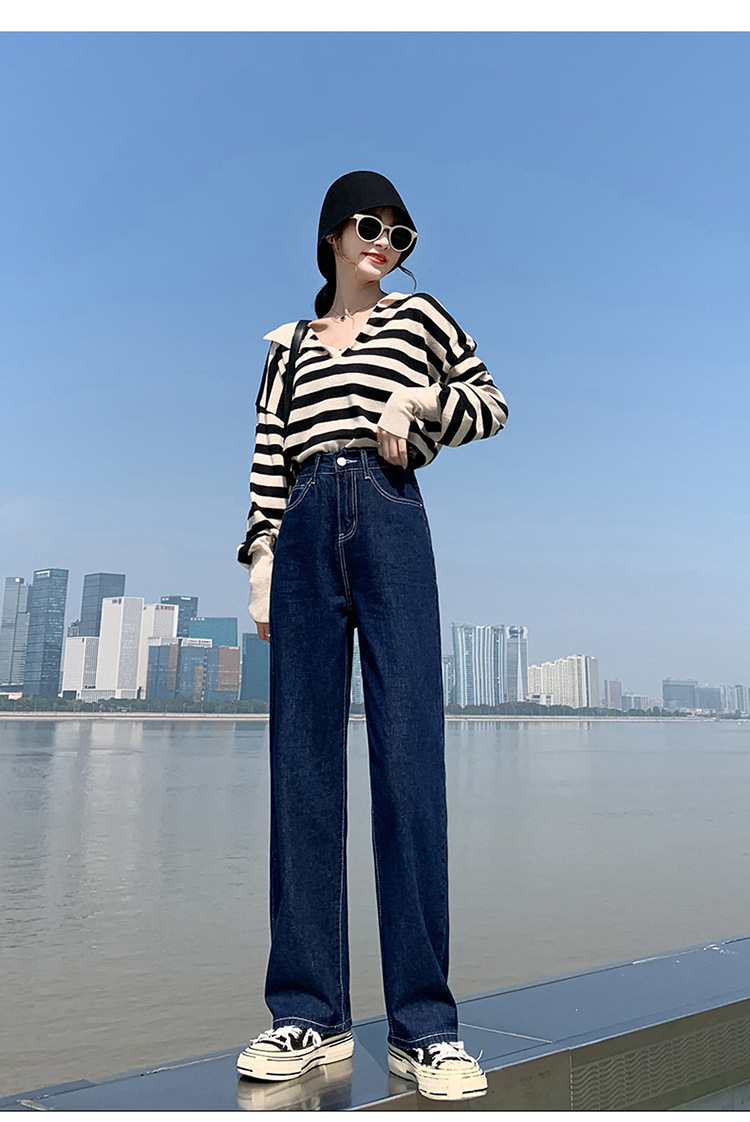 深蓝色牛仔裤女2020新款秋冬特色高腰显瘦直筒宽松原色拖地阔腿裤