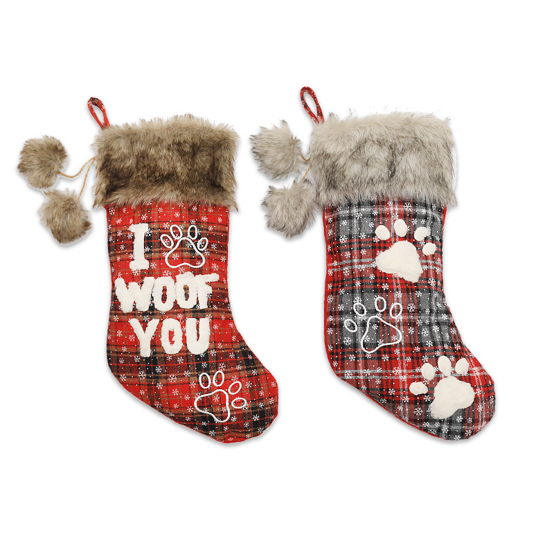 Mingguan New Christmas Decorations Christmas Dog's Paw Socks Pet Socks Fur Collar Plaid English Socks Christmas Tree Pendant