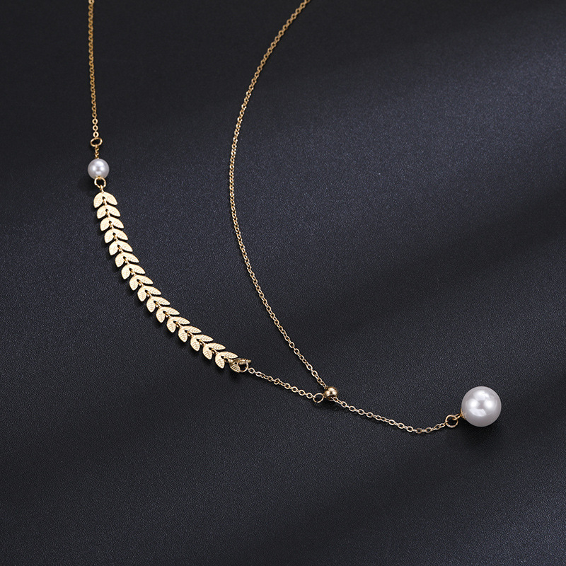 2020新款14k金麦穗珍珠吊坠 可调节长短项链女网红锁骨链饰品批发