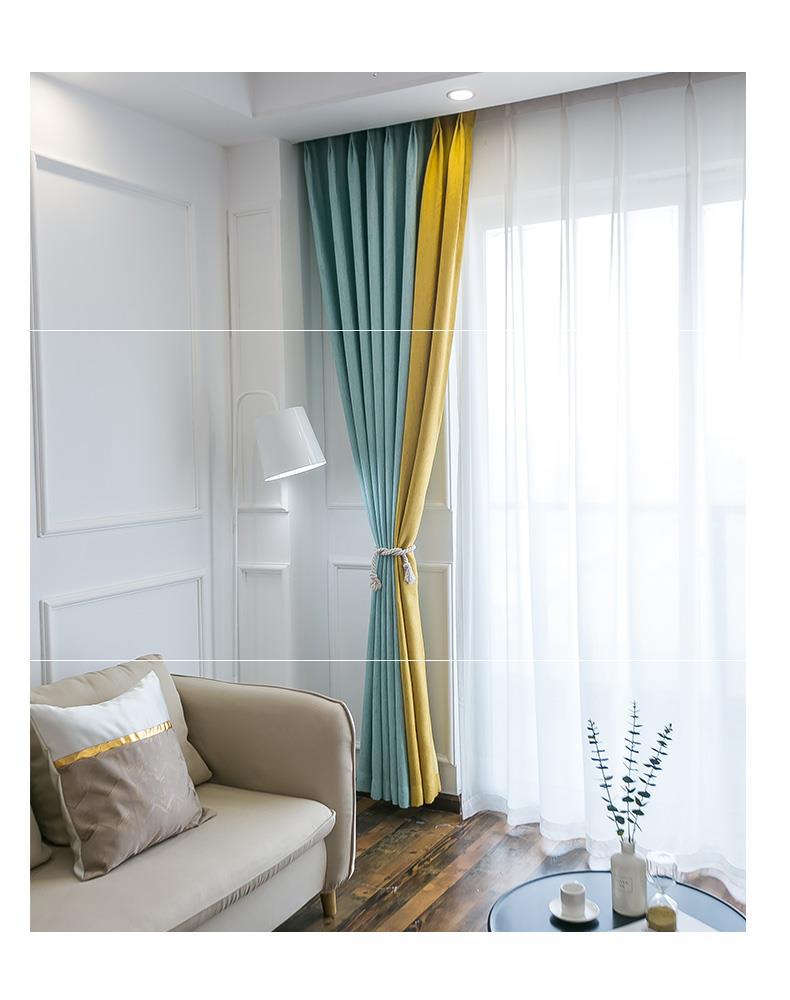 窗帘遮光北欧轻奢简约现代客厅灰黄撞色全遮光卧室棉麻拼接遮光布