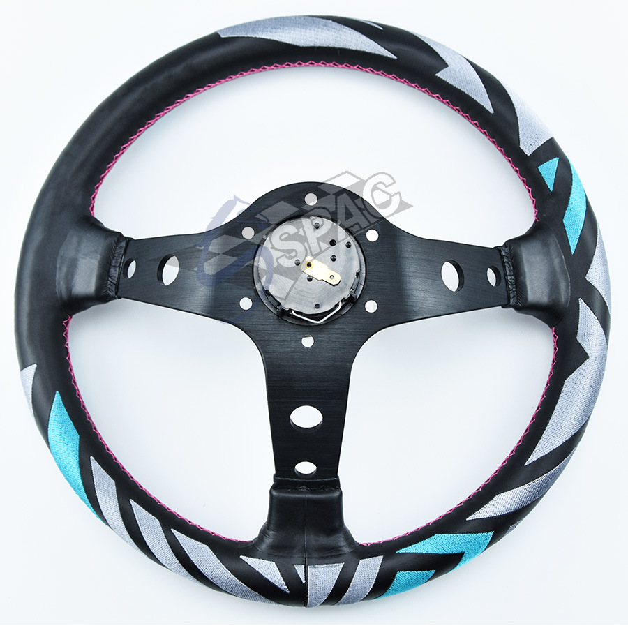 vertex改装赛车方向盘 vertex13寸真皮方向盘 通用刺绣绿方向盘