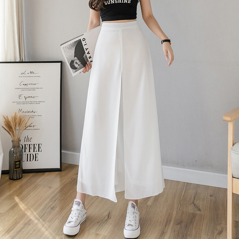 Real Shot 2022 Summer Korean Style High Waist Western Style Slimming Ice Silk Chiffon Wide Leg Pants Women's Drape Thin Ankle Culotte